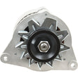 A front view of the Alternator (Sparex) - 14V, 45 Amps (Sparex Part No.S.361561) showcasing its metallic build, black single groove pulley, and cooling fan blade—ideal for Ford New Holland Tractor Parts by Sparex.