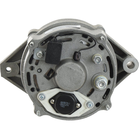 A top view of the Sparex Alternator (part number S.361711) for a Deutz-Fahr AGROTRON tractor, showcasing the wiring connections and mounting points. The metallic casing features visible bolts and a V-style pulley, along with clearly visible electrical components. This 14V, 95 Amp alternator is branded by Sparex.