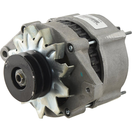 The image showcases a mechanical component, specifically an Alternator (Sparex) - 14V, 95 Amps with the Sparex Part No. S.361711, featuring a metallic exterior and a V-Style Pulley seamlessly integrated into the fan-like structure on one end.