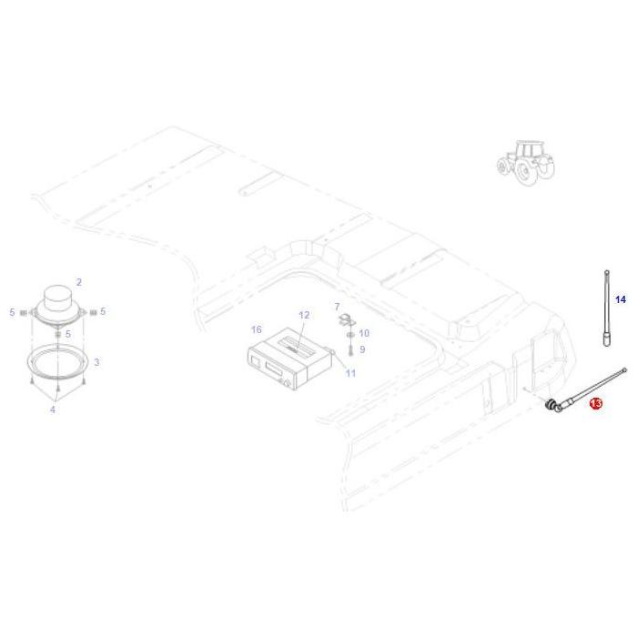 An exploded diagram of Fendt vehicle components, detailing various parts with item 14 highlighted as the AGCO-branded antenna (Product Numbers: G816810230121 and G816810230122).