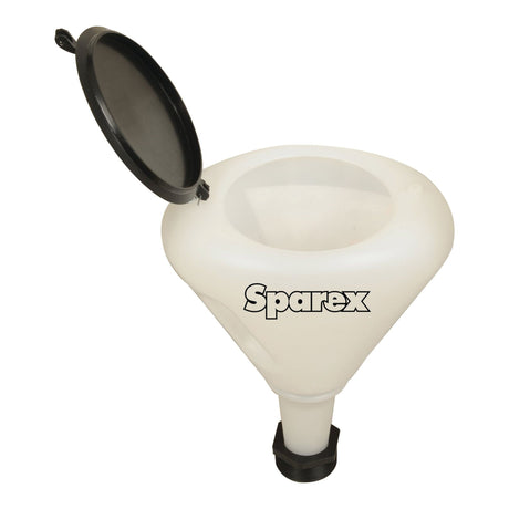 The Anti Splash Funnel⌀: 242mm - S.25456, a white plastic funnel with a black flip-top lid and flexible spout, features the brand name "Sparex" printed on the side.