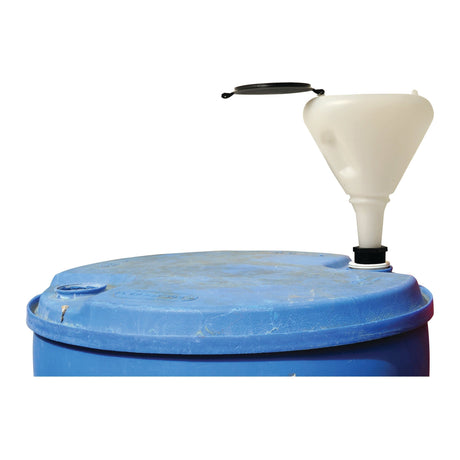 A blue plastic drum with a closed lid and an Anti Splash Funnel⌀: 242mm - S.25456 by Sparex, featuring a flexible spout and wire mesh screen, inserted into an opening on top.