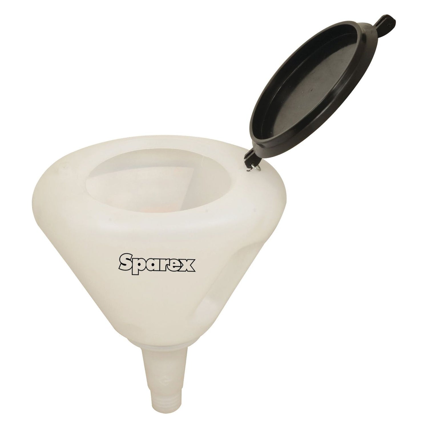 The Anti Splash Funnel⌀8'' - S.25455 by Sparex is a white plastic funnel with a transparent body, featuring a black hinged lid and flexible spout.