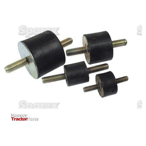 Image showing four Sparex Anti Vibration Mounts - Bolt to Bolt, Ø75mm (S.55420), each with a threaded metal stud on both ends, used for machinery vibration dampening. One mount features a thread size M12. Text reads "Massey Tractor Parts" and "Sparex".