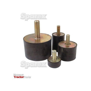 Image showing four cylindrical *Sparex* anti-vibration mounts, product name "Anti Vibration Mount - Bolt to Foot, Ø30mm. - S.55469," with threaded metal studs of varying sizes, positioned in a row. The background is white, and the logos for "Sparex" and "Massey Tractor Parts" are visible. The mounts feature metric thread types, including a thread size M8 and a rubber height of 30mm.