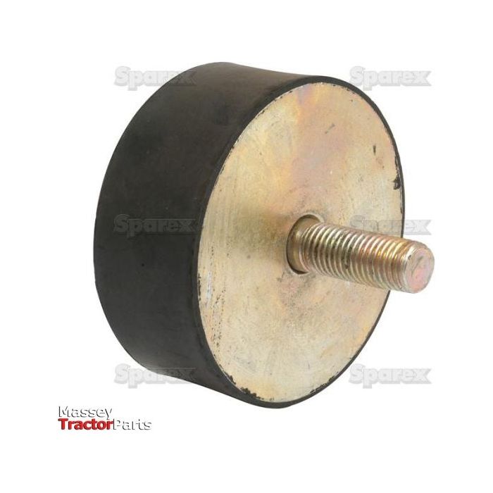 The Anti Vibration Mount - Bolt to Foot, Ø100mm (S.55480) from Sparex is a cylindrical rubber buffer featuring a threaded metal rod with an M16 thread size protruding from one side. This mount, used for mounting or vibration damping, has a rubber height of 40mm. The Ø100mm buffer is pictured against a white background with watermarks of "Sparex" and the "Massey Tractor Parts" logo visible.
