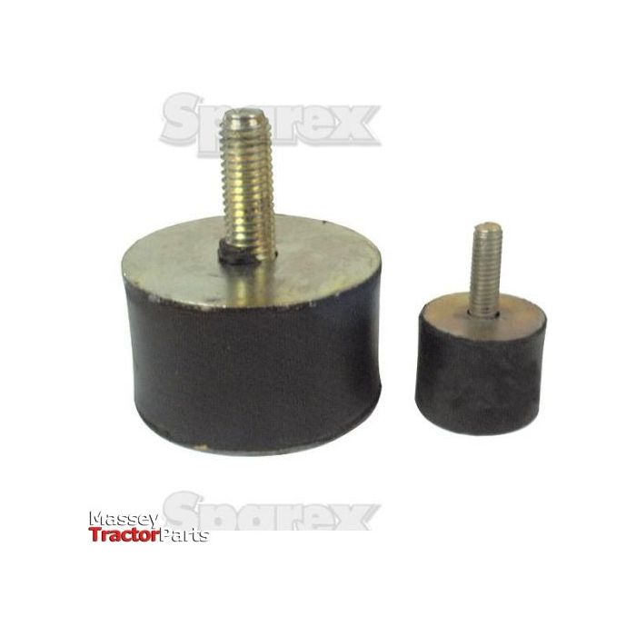 Product Description: Two cylindrical anti-vibration mounts with threaded metal studs, one larger on the left and one smaller on the right, labeled "Sparex." Featuring metric thread for easy installation, these Ø25mm mounts offer durability and precision. Product Name: Anti Vibration Mount - Bolt to Taper, Ø25mm. - S.55430.
