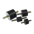 Five Sparex Anti Vibration Mounts - Bolt to Bolt, Ø100mm (S.55422) with threaded metal studs on both ends, varying in rubber height and thread size, are arranged on a white background.