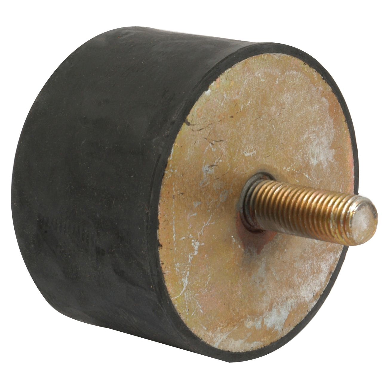 Close-up of a Sparex Anti Vibration Mount - Bolt to Bolt, Ø100mm (S.55423), featuring a cylindrical rubber body with a threaded metal rod protruding from one end. The metal surfaces show signs of wear and corrosion, highlighting its durability over time.