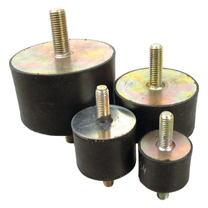 Against a white background, four Sparex Anti Vibration Mounts - Bolt to Bolt (S.55400) with a diameter of 15mm, featuring a metric M4 thread size and rubber height of 15mm, are positioned in varying sizes.