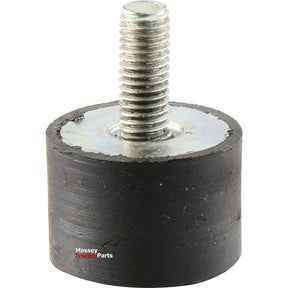 The **Anti Vibration Mount - Bolt to Foot, Ø30mm. - S.55468** by **Sparex** consists of a metal bolt attached to a cylindrical black rubber base with the text "Massey Tractor Parts" printed on it. This component features a precise metric thread for reliable assembly.