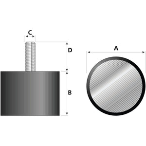 Technical illustration depicting the Anti Vibration Mount - Bolt to Foot, Ø75mm. - S.55479 by Sparex, featuring a cylindrical component with a threaded rod. Dimensions labeled are A for the 75mm diameter, B for the height of the main body, C for rod diameter with metric thread size, and D for total height including the rod.