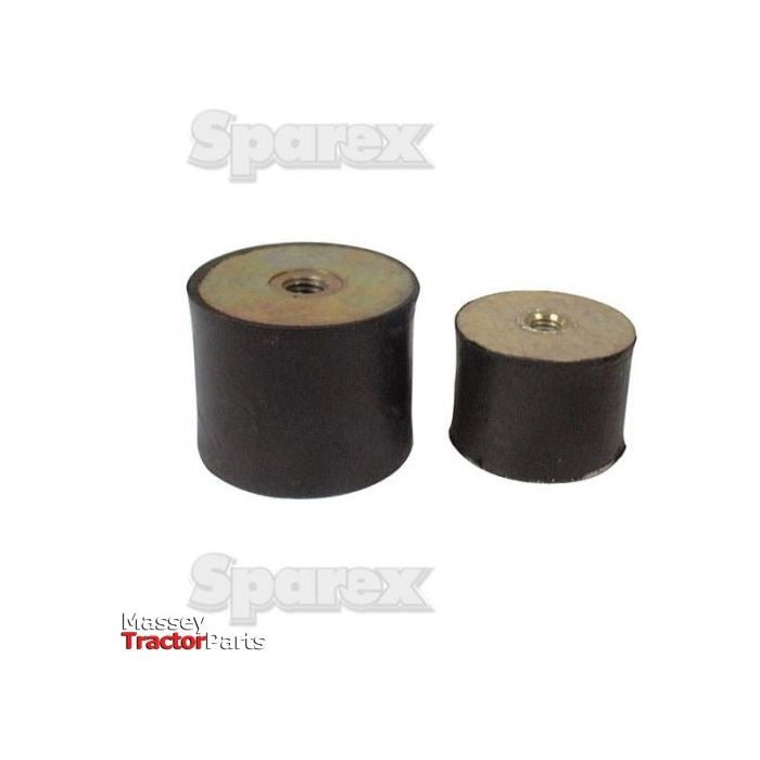 Two cylindrical rubber mountings with threaded inserts, one larger and one smaller, placed on a white background. The image features the logos of Sparex and Massey Tractor Parts. The rubber height is distinctly visible, while the thread size is M6,25mm. The highlighted product is the Anti Vibration Mount - Taper to Taper, Ø25mm (S.55451) from Sparex.