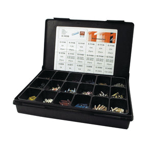The Sparex Assorted Fuses Compak (450 pcs.), Part No. S.14330, is a black plastic organizer box featuring eighteen compartments with various small hardware items, totaling 450 pieces. The inside lid includes a reference chart with labels and quantities for convenient identification.