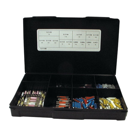 A black plastic Handipak organizer box containing 205 assorted fuses, branded by Sparex with the part number S.11180, featuring a label inside the lid that displays part numbers and sizes.
