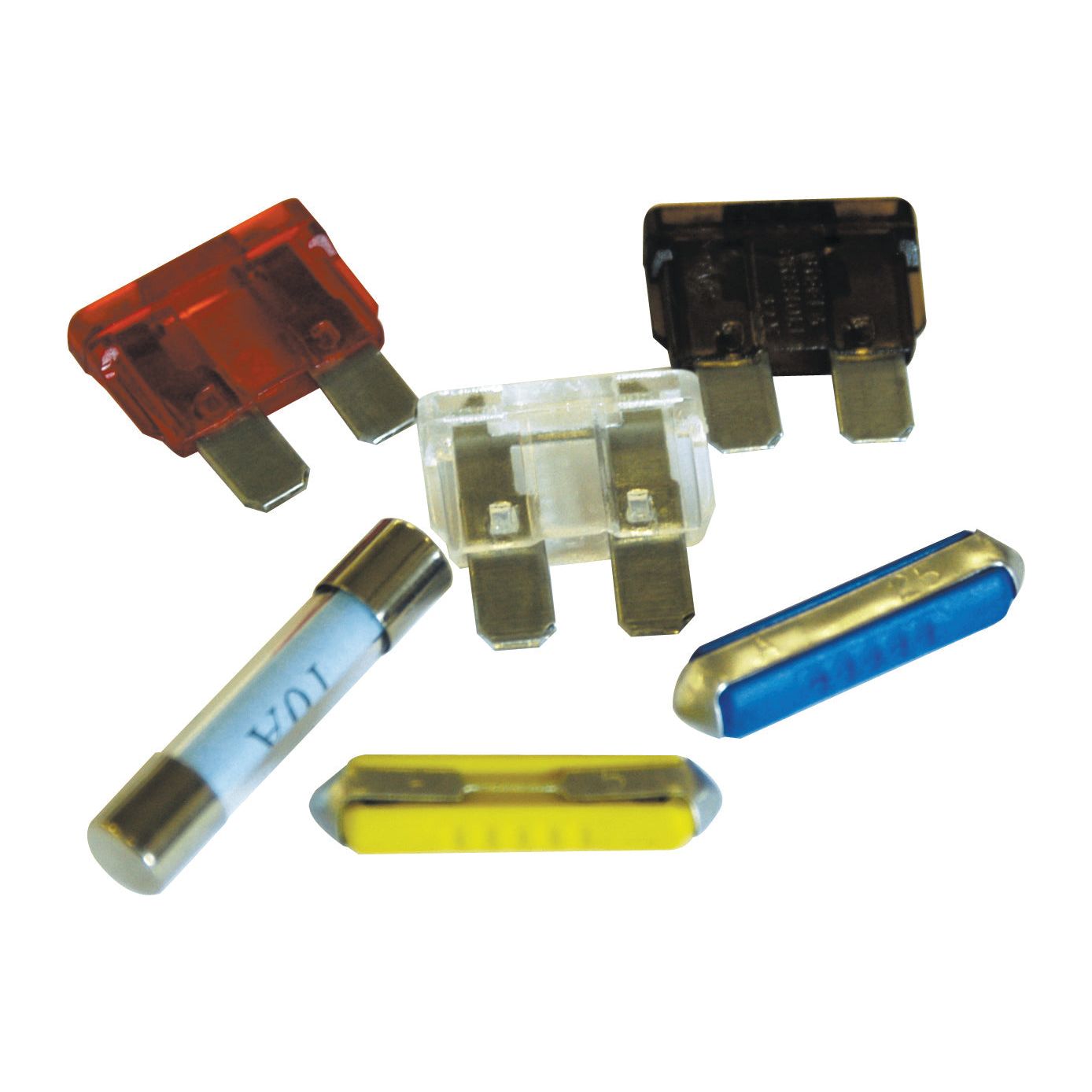 Handipak offers an assortment of 205 Sparex fuses (Part No. S.11180), including six different types, featuring both plug-in and cylindrical varieties in various colors and sizes.