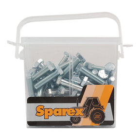 A clear plastic container with a white handle, holding an assortment of zinc-plated metal bolts and spring washers in sizes ranging from 1/4 to 3/8'' x UNF (DIN 931, DIN 934) with a tensile strength of 8.8. The container features a label showcasing the brand name "Sparex" next to an image of a tractor and bears the part number S.4864.