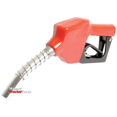 A red and silver "Automatic Shut-off Fuel Nozzle - S.27838" from Sparex, featuring the "Massey Tractor Parts" logo in the bottom left corner, is suitable for various models.
