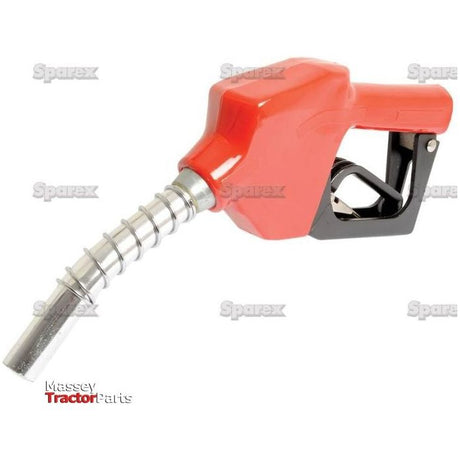 An Automatic Shut-off Fuel Nozzle - S.27838 by Sparex, featuring a red color scheme with a curved handle and metal spout, photographed against a white background. The nozzle is compatible with various Massey Tractor models.