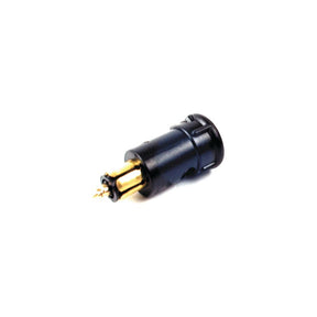A black and gold electronic component, specifically the Auxiliary 2 Pole Male Jack Plug by Sparex (Part No. S.50979), with a cylindrical shape and metal contacts, resembling a typical connector used in Hella applications for 12/24V systems.