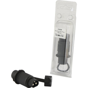 A black Auxiliary 3 Pin Plug Agripak - S.5235 from Sparex, an excellent alternative to the 56376 model, is displayed next to its clear plastic packaging which features a label with product information from Agripak.