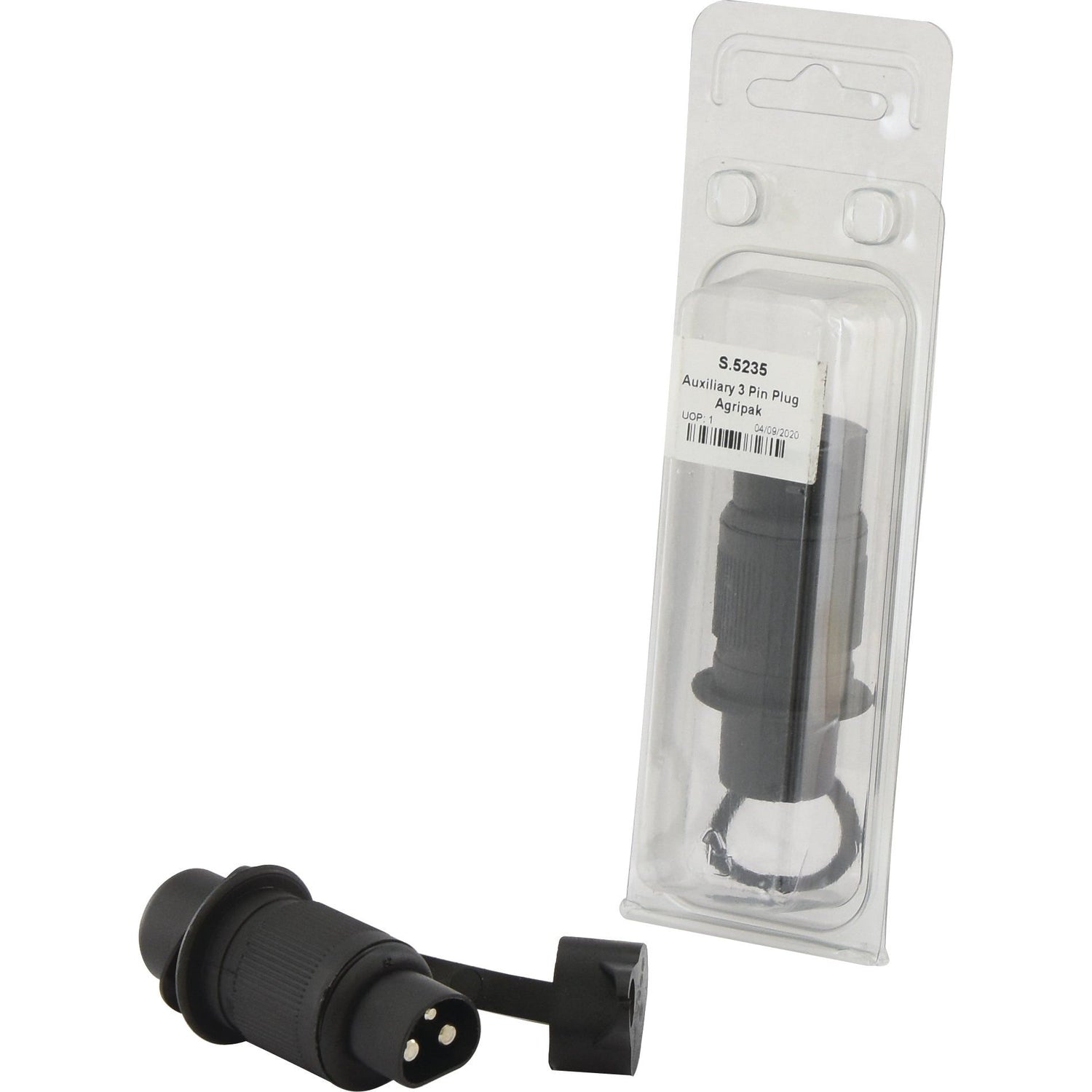 An Auxiliary 3 Pin Plug Agripak - S.5235 by Sparex, an alternative to 56376, is displayed both inside and outside of its clear plastic packaging. The black pin plug features three metal prongs and a cover attached by a wire.