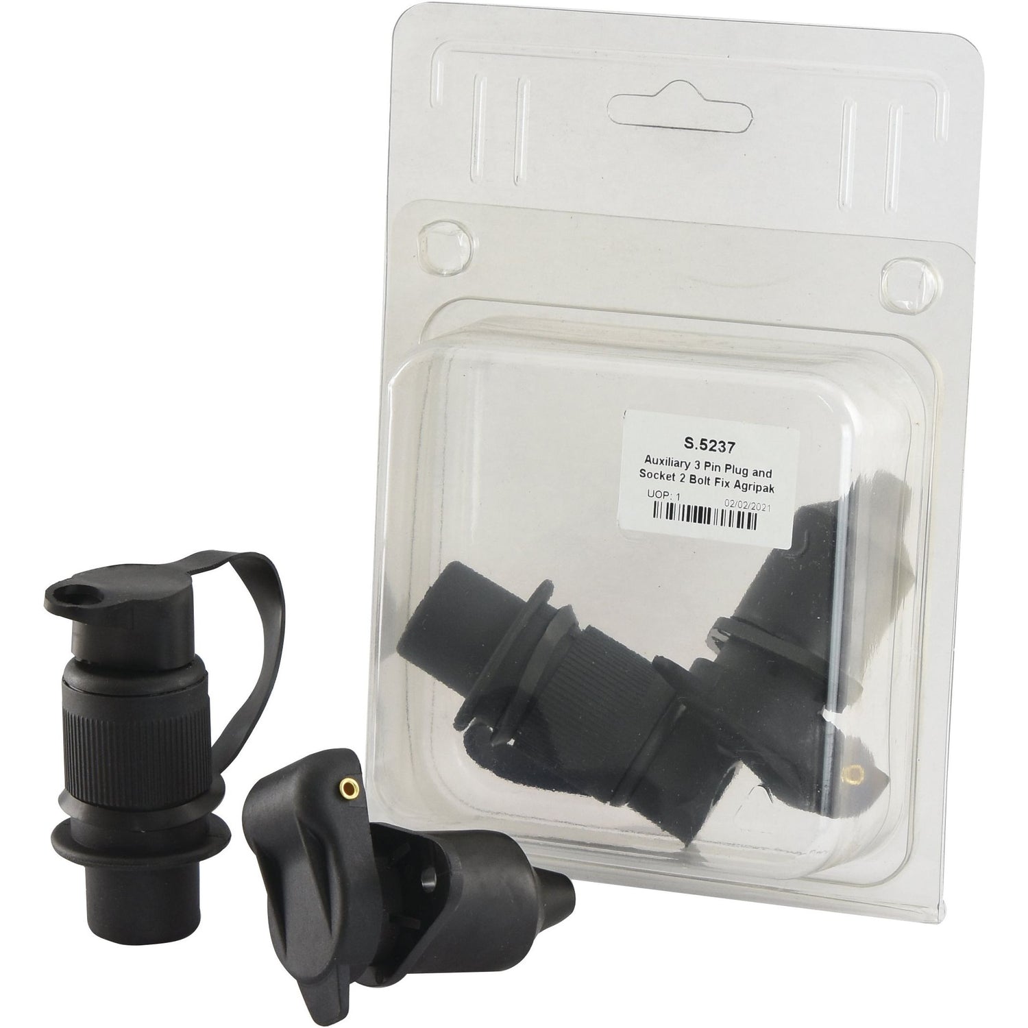 A pack of two black Auxiliary 3 Pin Plugs and Sockets in clear plastic packaging, labeled "Sparex Part No. S.5237." Two additional plugs and sockets, compatible with 24V systems, lie outside the packaging. Brand: Sparex.
