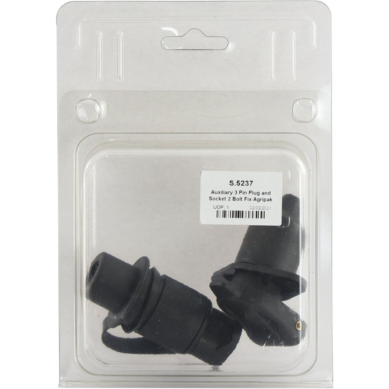 A packaged Auxiliary 3 Pin Plug and Socket 2 Bolt Fix Agripak, displayed in a clear plastic casing with a label and Sparex Part No. S.5237.