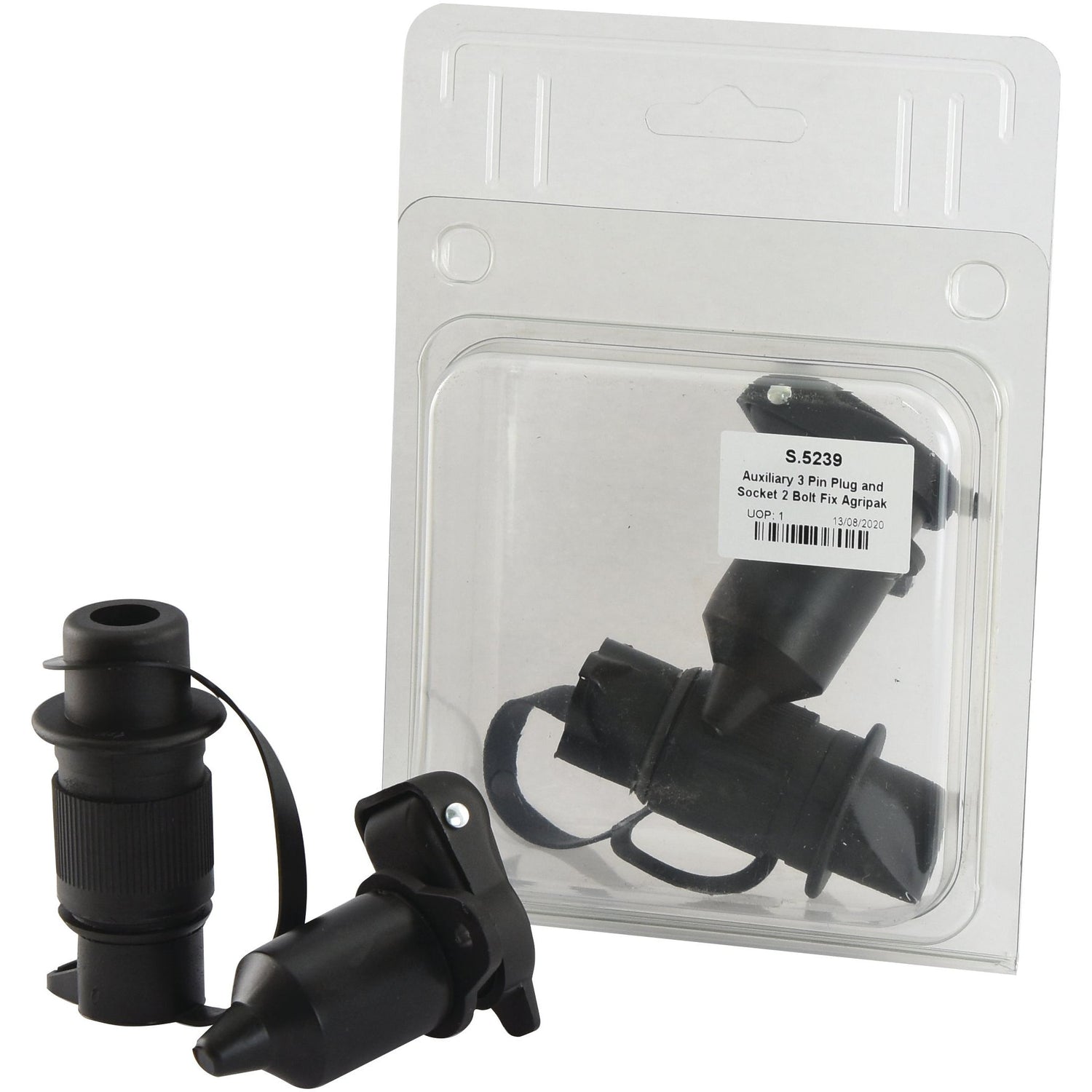 A packaged set of auxiliary 3-pin plugs and sockets, secured with 2-bolt fixations. One set is inside a clear plastic case, while another set is displayed in front. The label on the package reads "Sparex Part No.S.5239 Auxiliary 3 Pin Plug and Socket." Ideal for those transitioning from plastic plugs or needing adaptable options for various setups.
