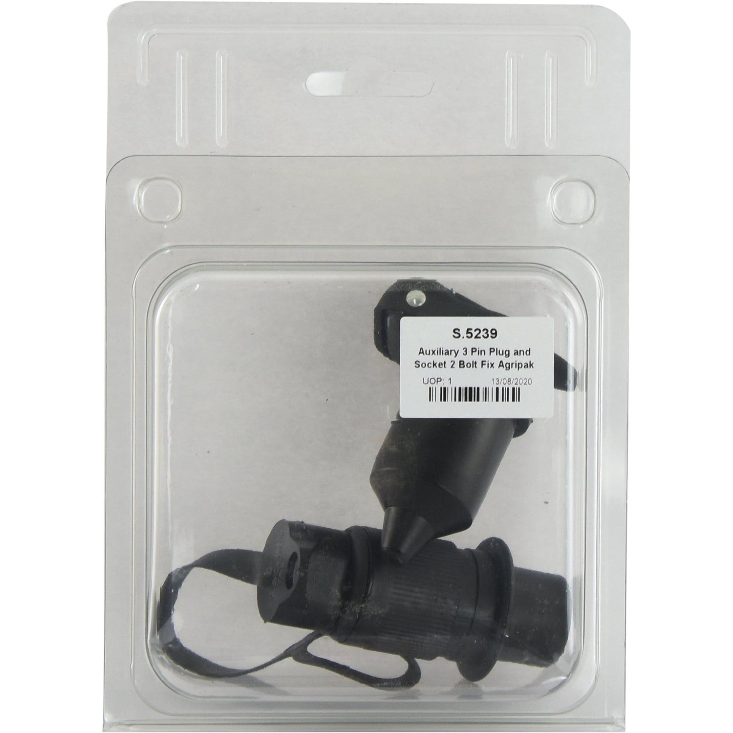 A sealed plastic package containing Auxiliary 3 Pin Plug and Socket 2 Bolt Fix Agripak, labeled "Sparex Part No.S.5239" and "5 units," with a barcode.