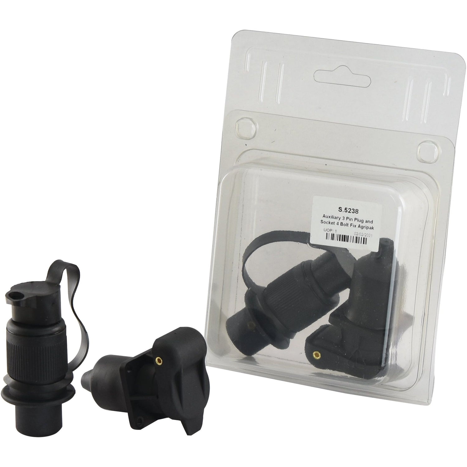 Image of a black 3-pin plug and socket, shown both inside and outside of clear packaging. The packaging label reads Sparex Part No. S.5238 Auxiliary 3 Pin Plug and Socket 4 Bolt Fix Agripak, an essential component for those familiar with Agripak connectors.
