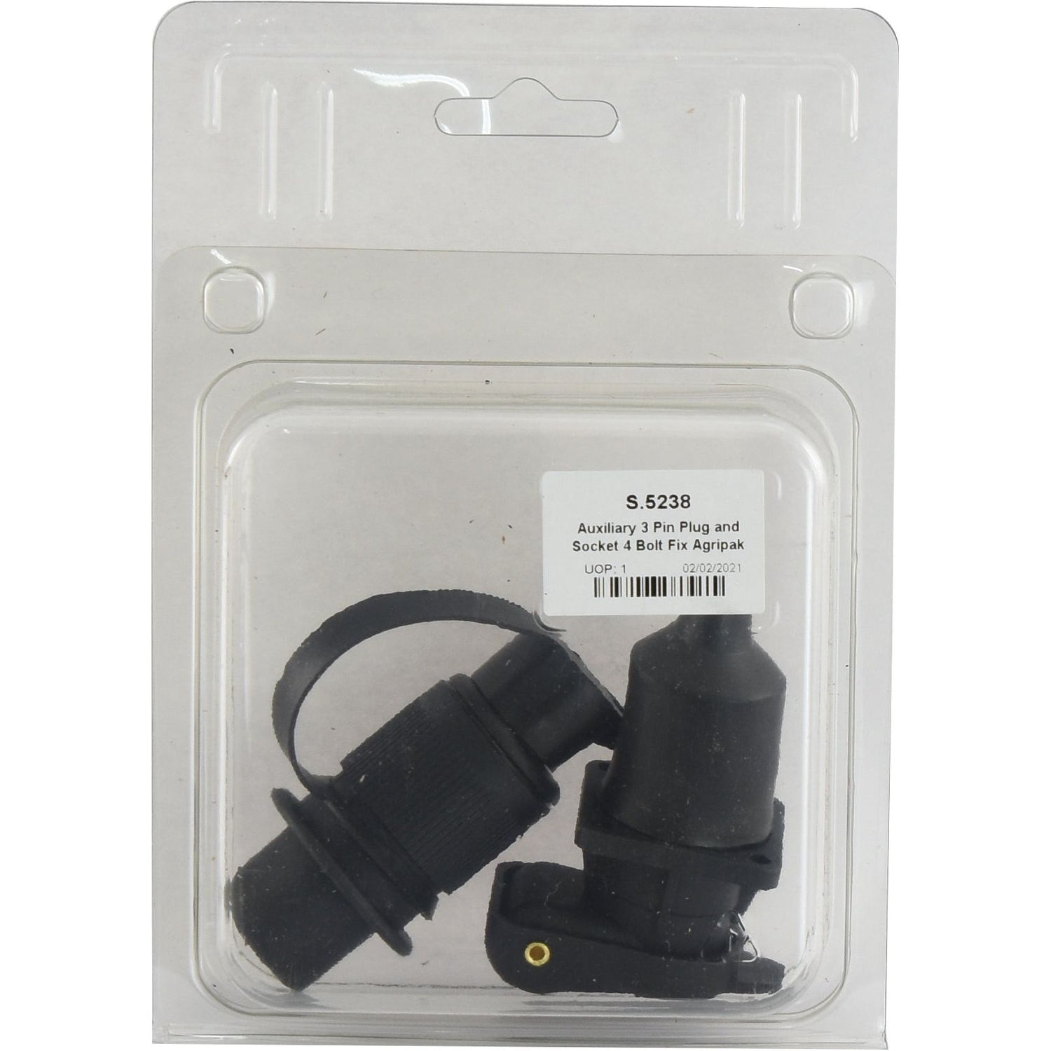 A packaged 3-pin plug and socket with a label that reads "Sparex Auxiliary 3 Pin Plug and Socket 4 Bolt Fix Agripak | Sparex Part No. S.5238".