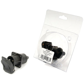 Displayed next to its clear plastic packaging with a hanging tag and barcode label, the image showcases a black 3 Pin Auxiliary Socket, which features a male pin and is fixed with 4 bolts. This high-quality Sparex accessory (Part No.S.5233) includes spade connectors for easy installation.