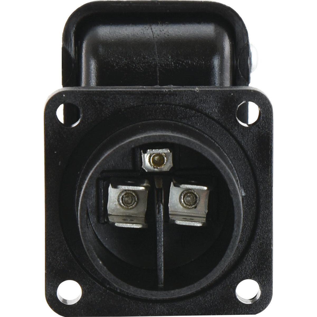 A close-up view of a black electrical outlet with two visible terminals for connecting an Auxiliary Equipment Power Cable 5M, 3 Pin, Female / Female - S.23581 by Sparex.