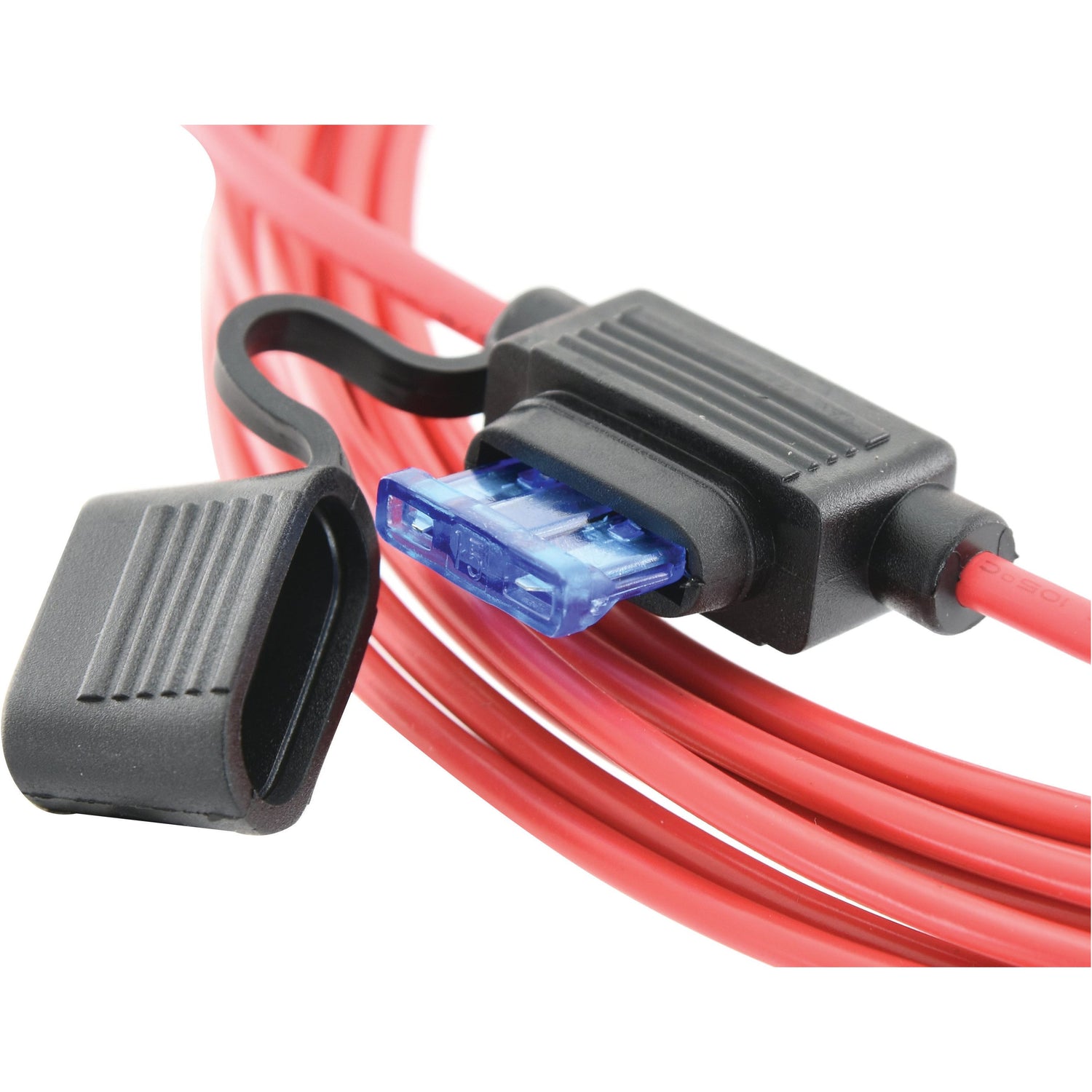 Close-up of a Sparex Auxiliary Equipment Power Cable 5M, 3 Pin, Female / Female - S.23581, featuring a red 16ft long cable with a black inline fuse holder containing a blue fuse and a partially open protective cap. The cable has a thickness of 4mm².