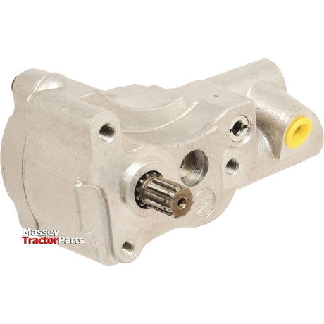 A metal hydraulic pump designed for Massey Ferguson tractors is displayed, featuring a visible spline shaft. This item, listed as an auxiliary hydraulic pump by Sparex and identified by Part No.S.40873, falls under the "Massey Tractor Parts" category.