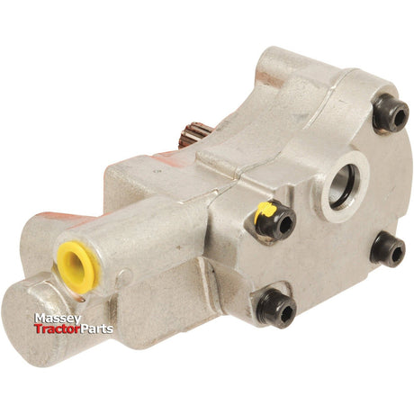 Close-up of a gray metal Auxiliary Hydraulic Pump labeled "Massey Ferguson Tractor Parts" with several bolts and connectors visible. The product is the Auxiliary Hydraulic Pump, Sparex Part No. S.40873 from the brand Sparex.