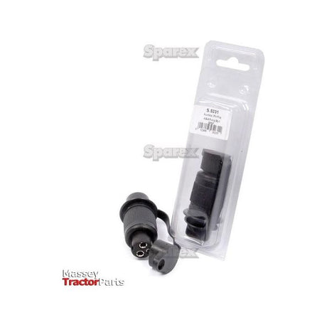 A black plastic tractor part, sold both loose and in packaging, features a 3 Pin Plug with three prongs and a cap. The packaging is marked with "Sparex," "S.5231," and proudly displays the Agripak logo, ensuring high-quality standards. This part is listed as the Auxiliary 3 Pin Plug (S.56372) under Sparex Part No.S.5231 from the brand Sparex.