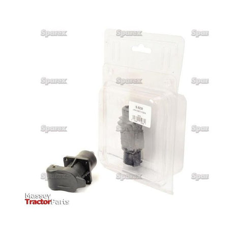 The Auxiliary 3 Pin Plug and Socket 4 Bolt Fix Agripak (Sparex Part No. S.5238) is packaged in a clear plastic clamshell, displaying the part next to its packaging. The Massey Tractor Parts logo is prominently shown at the bottom left, along with Agripak's quality assurance seal.