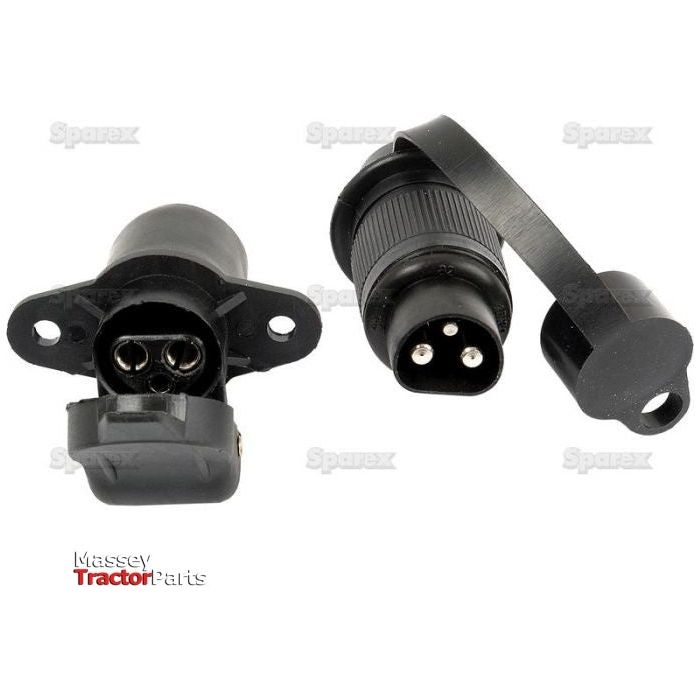 Close-up of an Auxiliary 3 Pin Plug and Socket 2 Bolt Fix Agripak. One connector is laying flat with exposed prongs while the other stands upright, its protective rubber cap partially removed. Text in the background reads "Sparex" and "Massey Tractor Parts.