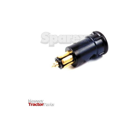 Close-up of a black and gold 12/24V electrical connector against a white background, with the branding "Massey Tractor Parts" and "Sparex" faintly visible. This Auxiliary 2 Pole Male Jack Plug by Sparex (Part No. S.50979) ensures reliable connections.