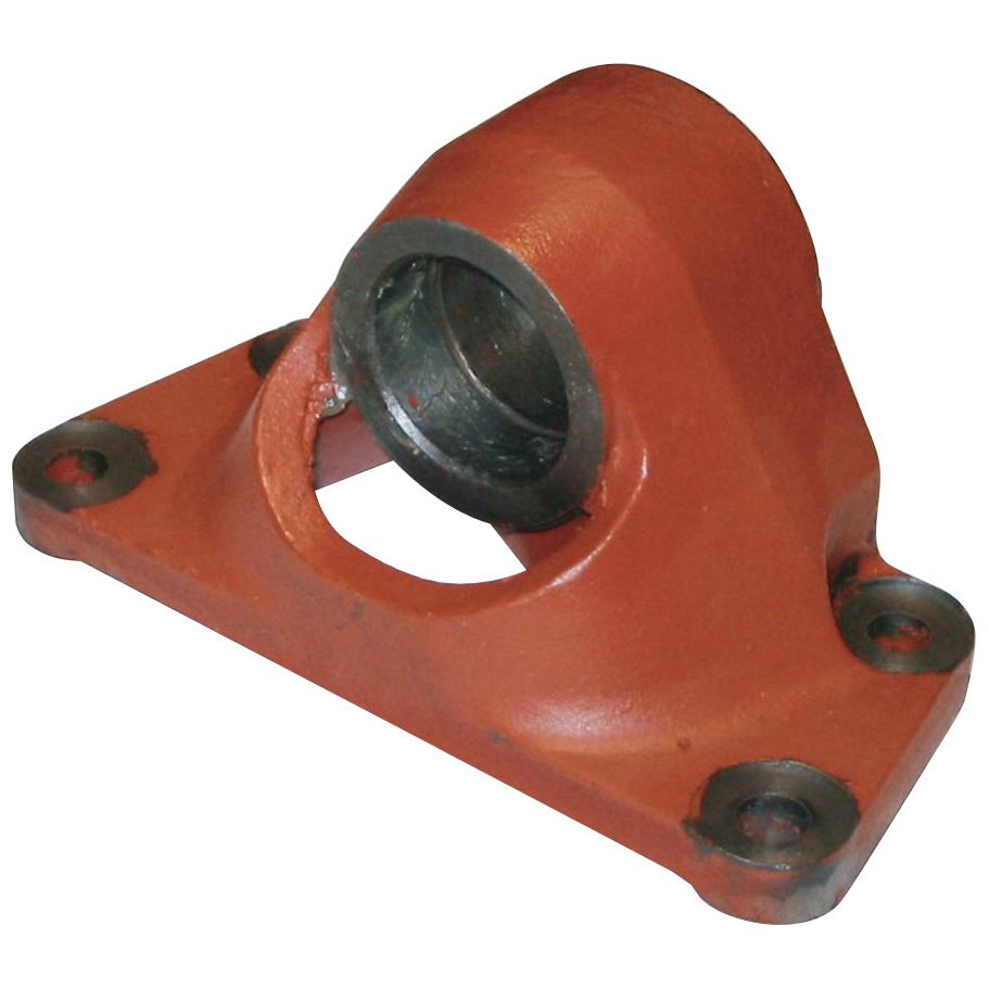 An orange metal axle bracket bearing housing with a cylindrical opening and four mounting holes, designed as a Bracket-Front Axle for Ford/New Holland machinery, is known as the Axle Bracket | Sparex Part No. S.66513 by Sparex.
