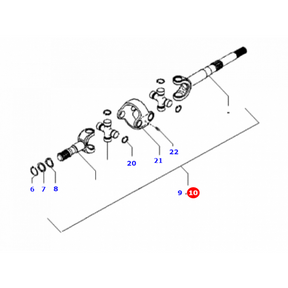 Diagram of an AGCO driveshaft assembly, specifically the Massey Ferguson - Axle Shaft - 6222574M91, with numbered parts indicated, including U-joints, yokes, and bolts. Parts are numbered 6, 7, 8, 9, 10, 20, 21, and 22. This assembly is compatible with the Massey Ferguson 200 Series.