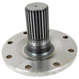 Close-up of a metallic mechanical component with a round base and multiple holes, featuring a central cylindrical gear-like structure with ribbed sides, reminiscent of the Sparex Axle Shaft (Part No. S.41572) used on Massey Ferguson equipment.