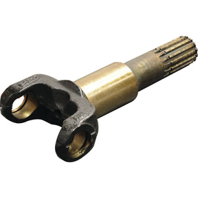 A close-up of a metal automotive Universal Joint (U-joint) yoke from the Sparex brand, specifically the Axle Shaft | Sparex Part No. S.73647, set against a white background. The yoke, often used in Case IH and New Holland machinery, features a cylindrical shape with splined teeth on one end and a bifurcated clamp on the other.
