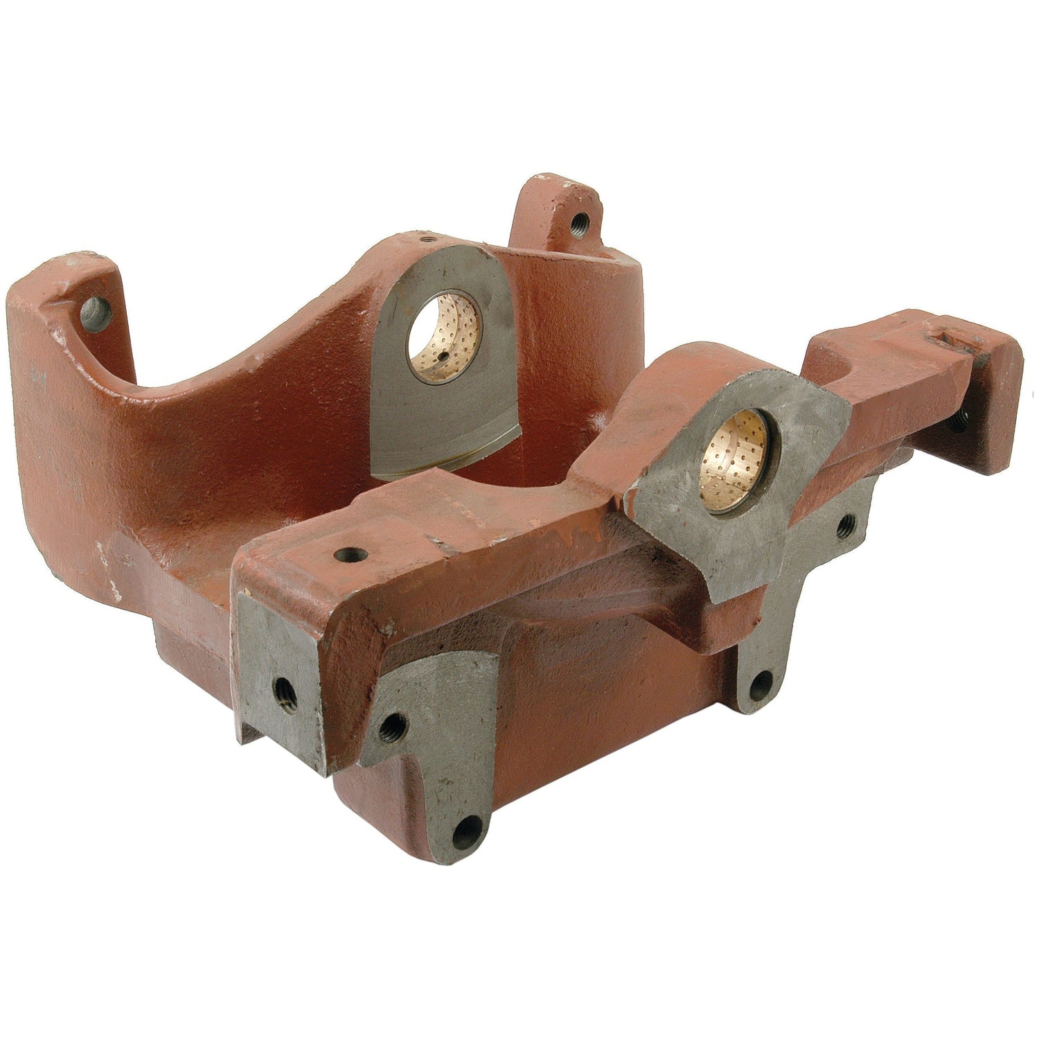 A metal industrial part with a reddish-brown coating, multiple bolt holes, angled surfaces, and a silver-gray section, identified as the Sparex Axle Support (Part No. S.40099) for Massey Ferguson machinery.