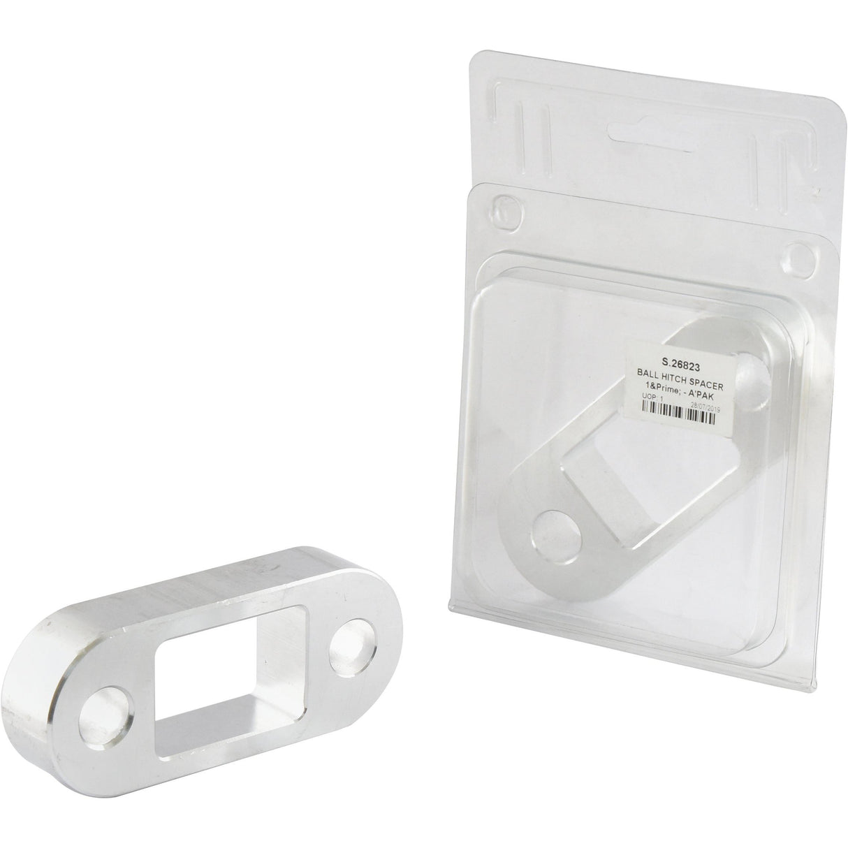 A Ball Hitch Spacer 1'' (Agripak 1 pc.), Sparex Part No. S.26823, crafted from chromed aluminium, is displayed next to its Agripak packaging against a white background.