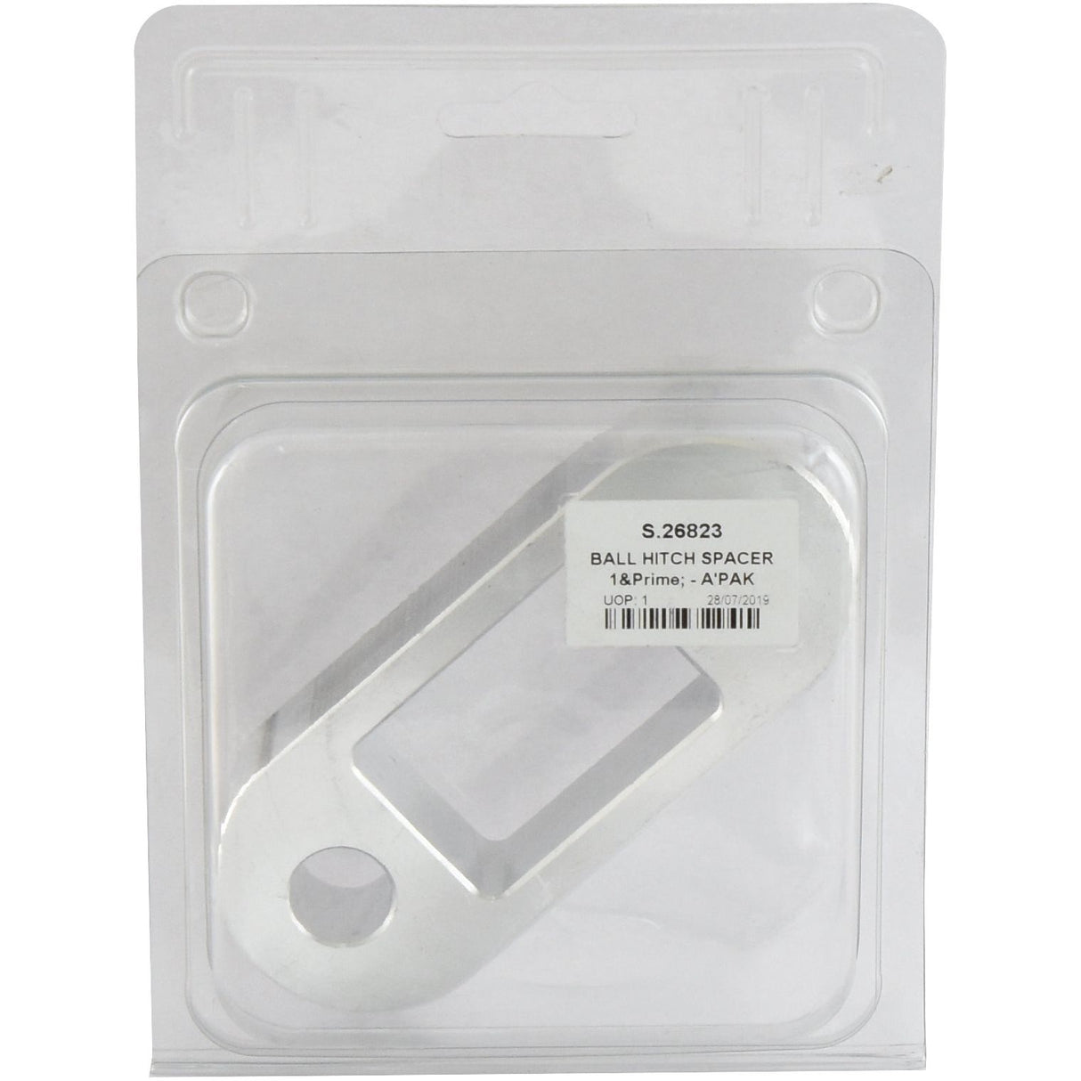 A chromed aluminium ball hitch spacer in a clear plastic package with a label that reads, "Ball Hitch Spacer 1'' (Agripak 1 pc.), Sparex Part No.S.26823 by Sparex.