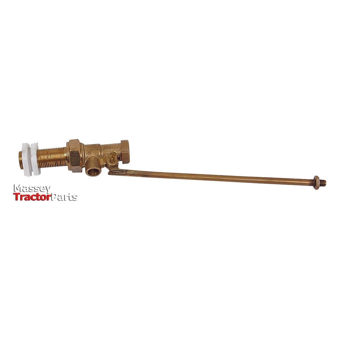 Image of a Sparex brass ball valve with an attached lever and threaded components, designed for use in tractors. It is marked with "Massey Tractor Parts" and features a 1/2'' BSP connection, specifically the Ball Valve 1/2'' BSP x 2'', Sparex Part No.S.21283. Ideal for those seeking quality replacement parts like Sparex ball valves.