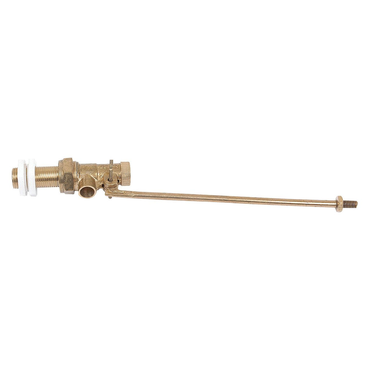 The Sparex Ball Valve 1/2'' BSP x 1 1/2'' (Agripak 1 pc.), Sparex Part No. S.4446, features a brass float valve with a long metal arm and threaded BSP connection, used to control water levels in tanks.